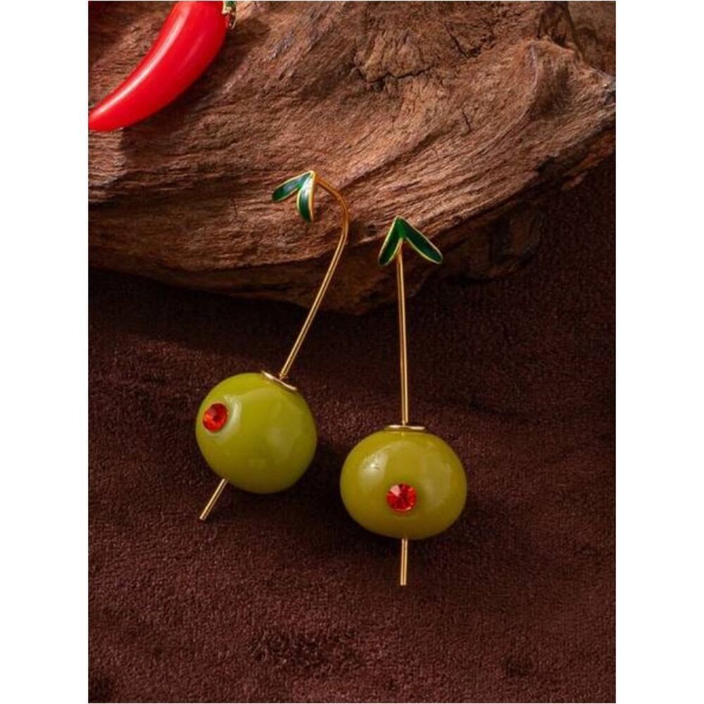 Green Olive Dangle Earrings with Red Accent - Women Jewelry R 496